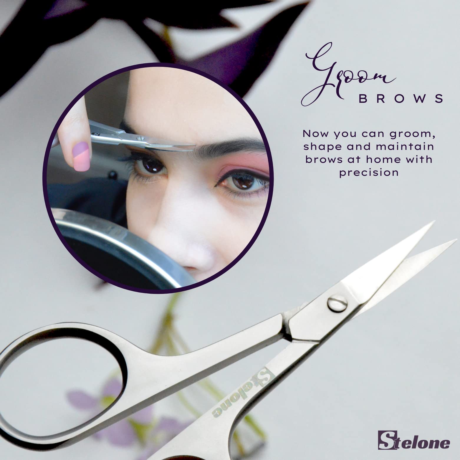 Stelone Multi-Purpose Cuticle Scissors Stainless Steel Curved Blade Little Manicure Scissors - Eyebrow Scissors for Women, Cosmetic & Brow Scissors for Facial Hair & Eyelash Trimming